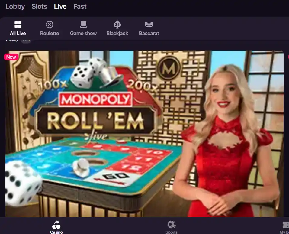 واجهة قسم Live Casino في CHEXX