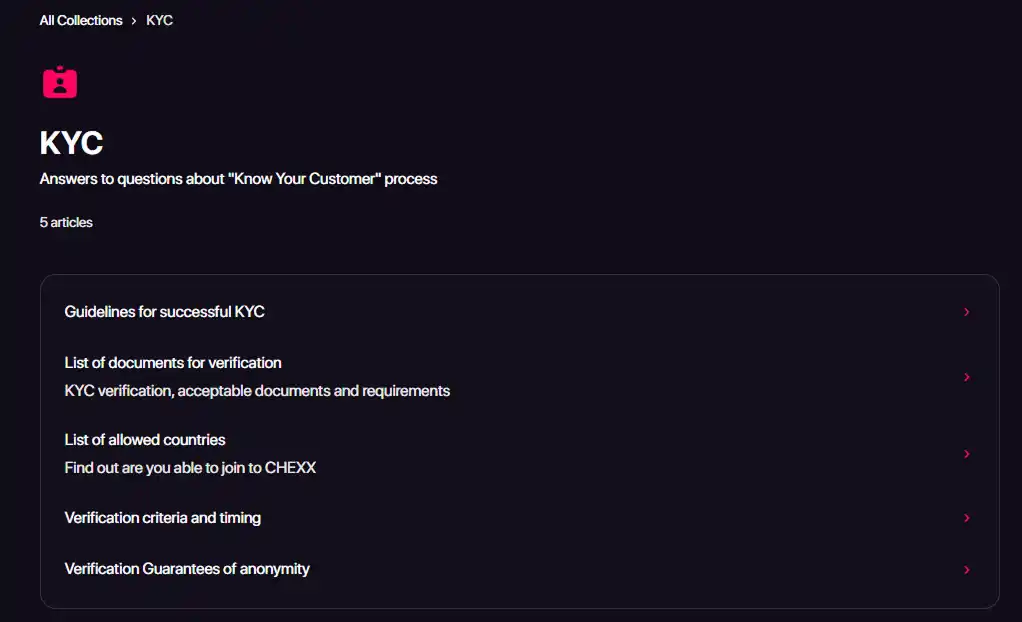 قسم KYC في مركز مساعدة CHEXX